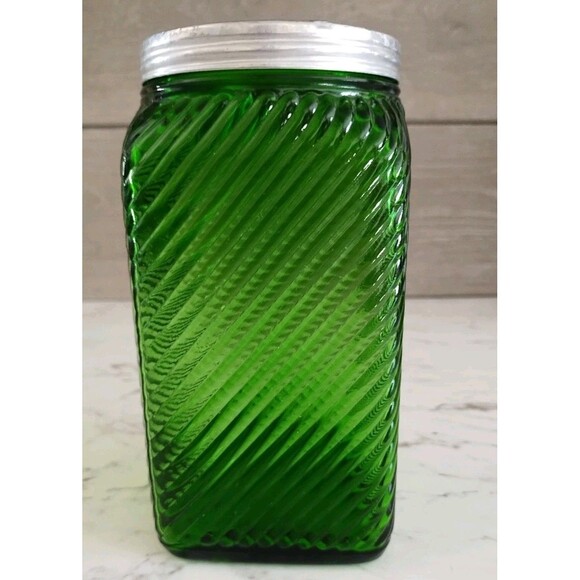 Vintage Owens Illinois Green Ribbed Glass Cereal Canister Depression Glass - Picture 4 of 9
